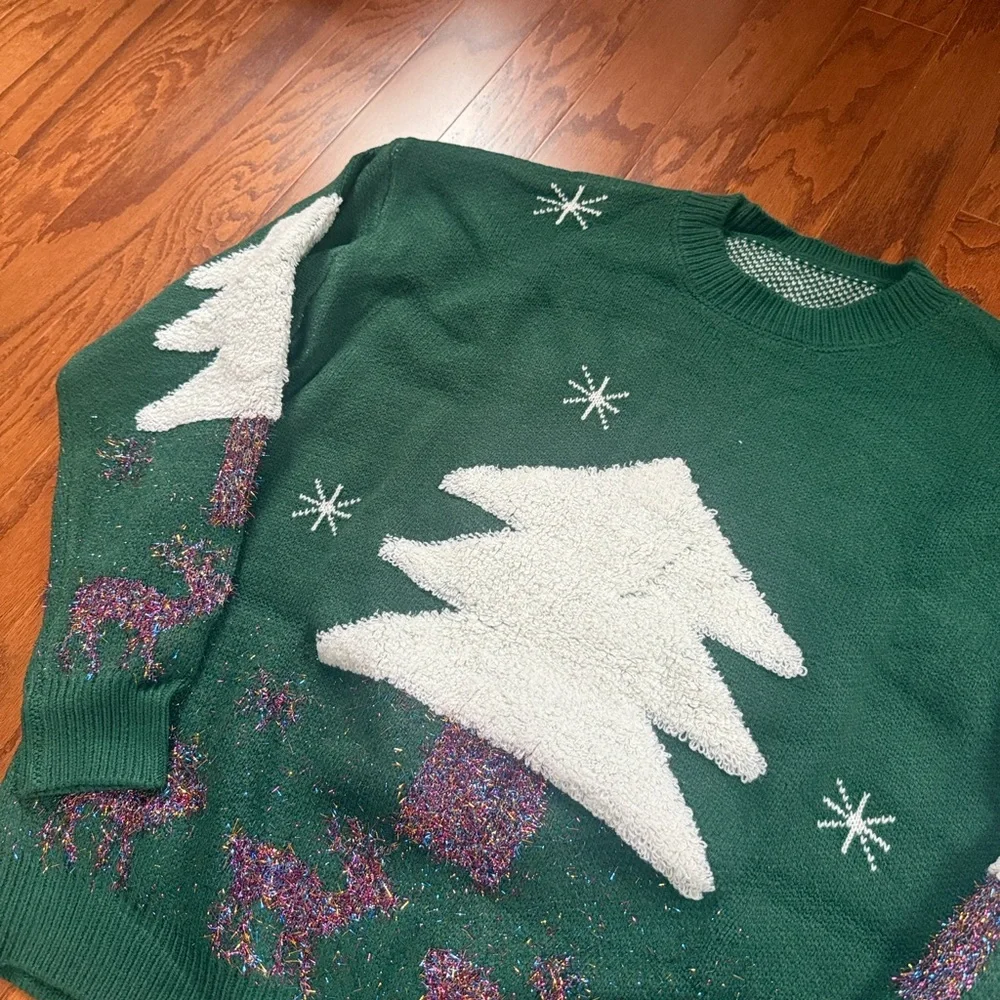 Christmas Tree Reindeer Sweater Green Sparkling Winter Scene Holiday Knit_10